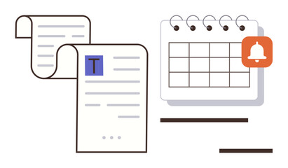 Document scroll with text beside a calendar and notification bell icon. Ideal for planning, reminders, organization, productivity, time management, scheduling, task prioritization. Simple flat