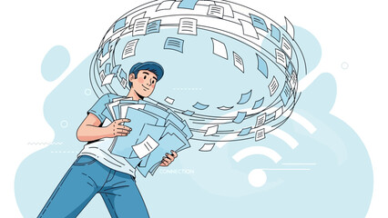 Smiling office worker managing swirling documents in digital connection, concept for data organization , cloud storage system and workflow management 