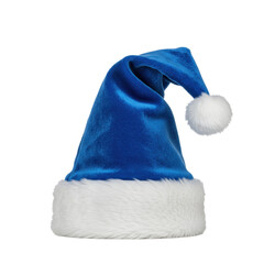 Single luxurious sapphire blue santa hat with transparent faux fur cuff and pom-pom, displayed in macro product photography against a transparent background. Concept of luxury holiday fashion