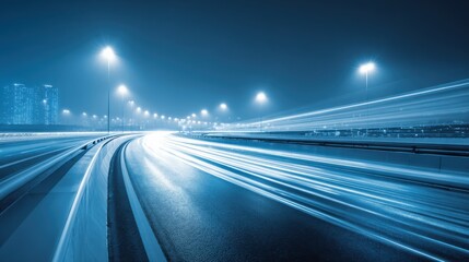 Night cityscape featuring light trails and modern architecture, conveying speed, urban life, and modern transportation