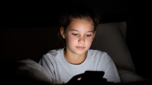 A preteen girl in puberty period texting with her friend. Addiction to social media among youth. A hooked, dependant from a gadget youngster