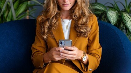 Woman using phone while sitting in office.