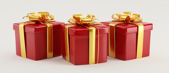 Three glossy red square gift boxes tied with shiny gold ribbons and bows on a light surface