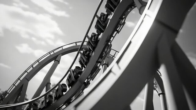 Exciting moment captured on a roller coaster track, featuring passengers in motion under blue sky.