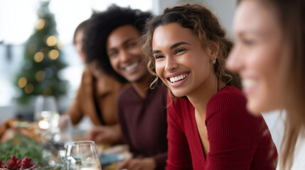Friends laughing during, thanksgiving Christmas dinner, party seasonal celebration, gathering holiday feast, display festive dining, scene social bonding, moment winter party, face