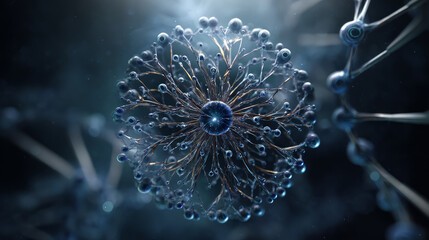 Blue DNA double helix with water molecule blue background. Human genetic research DNA, laboratory environment. Abstract image of human genetics, which glowing DNA strands merge with digital elements