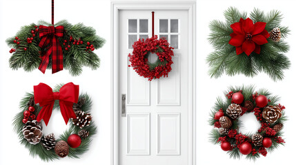 Collection decorative Christmas, wreath decor holiday, home image collection, transparent background festive, seasonal decoration display, door hanging element, traditional wreath