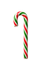 classic peppermint candy cane, glossy crimson red and emerald green stripes, isolated on transparent high-key studio background with copy space, extreme macro detail, concept of holiday tradition and