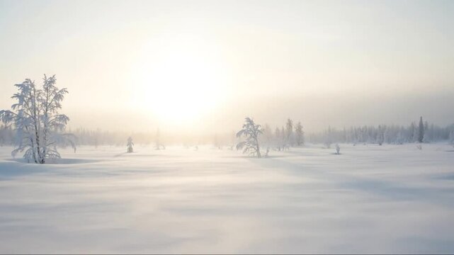 Serene Winter Landscape with Snow-covered Trees and Gentle Sunlight Over a Frozen Field in a Calm