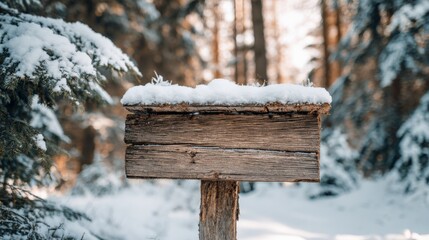 Wooden Signpost in Snowy Winter Forest Landscape with Blank Space for Custom Message