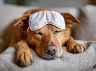 cute brown happy dog with white eye mask sleeping on the sofa in a cozy room. adorable and funny facial expression of the cute animal.