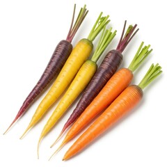 A vibrant assortment of fresh, colorful carrots including purple, yellow, and orange varieties, arranged diagonally on a white background.