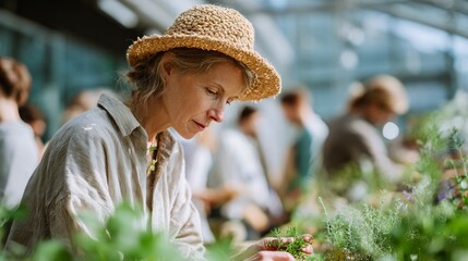Woman tending plants at outdoor market.