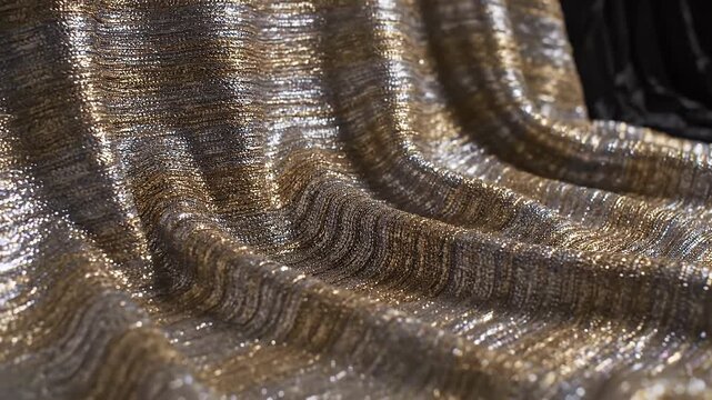 Slow motion footage of elegant gold and silver sequin fabric waving in gentle ripples, showcasing shimmering metallic textures and sparkling light reflections.