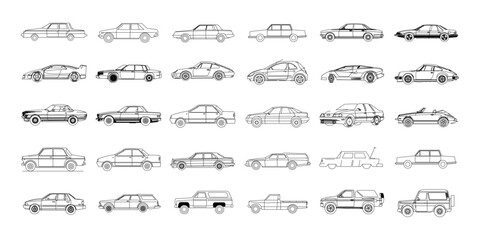 Vector Car Silhouette and Outline Set, CAD Vehicle Drawing Elements