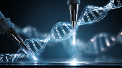 Blue DNA double helix with water molecule blue background. Human genetic research DNA, laboratory environment. Abstract image of human genetics, which glowing DNA strands merge with digital elements