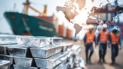 Global Aluminum Industry: Metal Ingots, Workers, Cargo Ship and a World Map Overlaying the Scene