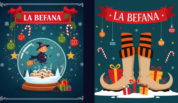 Befana Italian Christmas tradition card vectors featuring La Befana flying on broomstick with gifts and stars, Epiphany holiday illustration set inspired by Italian folklore, festive Befana greeting c