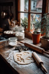 Cozy Christmas cookie baking setup on wooden counter with cutters, rolling pin, flour, jars and potted plant by window