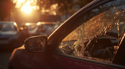 Shattered car window after street robbery at sunset, damaged parked vehicle with broken glass in urban parking lot