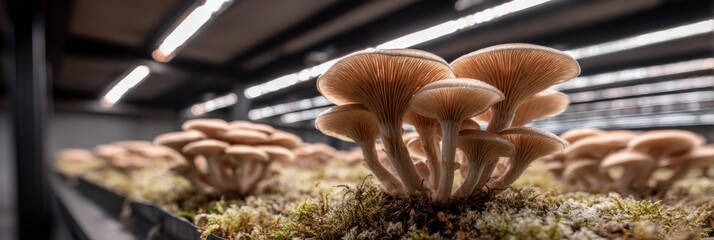 mushroom farm interior with oyster mushrooms on moss trays under led lights, vertical indoor cultivation and harvesting scene
