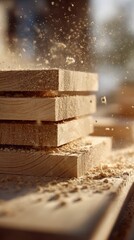 manufacture wood: close-up low-angle stack of planed pine planks with suspended sawdust and wood chips on a dusty workshop bench in afternoon light