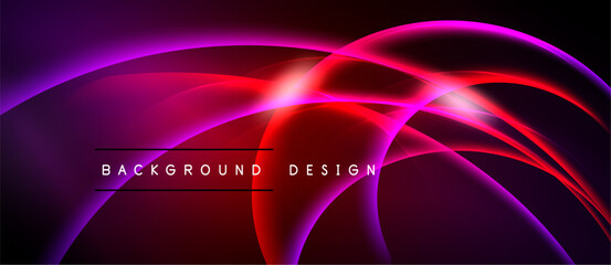 Abstract vibrant design features flowing curves, gradients. Purple, red hues dominate dark background. Text reads background design.