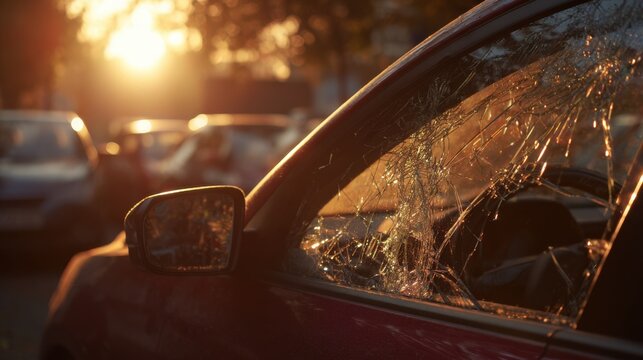 Shattered car window after street robbery at sunset, damaged parked vehicle with broken glass in urban parking lot