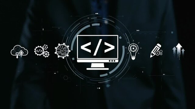 Modern web development concept featuring coding symbols, web development process, web development interface, and web development tools with futuristic design. Elide