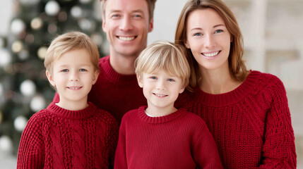 Retro vintage nostalgia, photo happy family, matching red sweaters, celebrating Christmas decorated, tree family portrait, style seasonal celebration, display throwback moment, fac