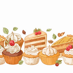 Cakes and pies horizontal seamless border pattern in sketch style