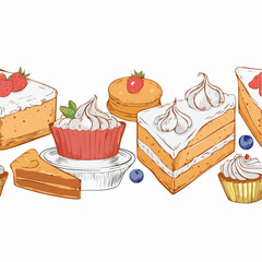 Cakes and pies horizontal seamless border pattern in sketch style