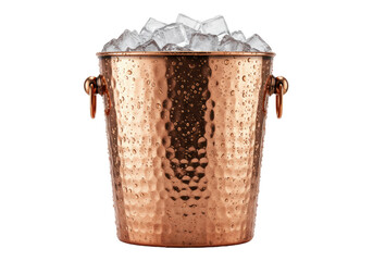a close-up of a vintage, hammered polished copper ice bucket filled with glistening crushed ice, heavily covered in dripping condensation on a reflective white surface. concept for premium product