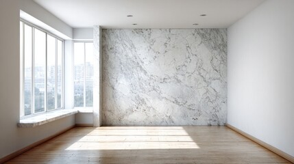 Obraz premium Sunlit empty room features marble wall and large windows.