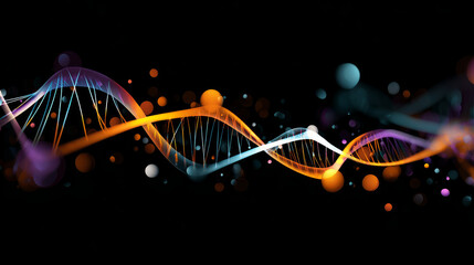Blue DNA double helix with water molecule blue background. Human genetic research DNA, laboratory environment. Abstract image of human genetics, which glowing DNA strands merge with digital elements