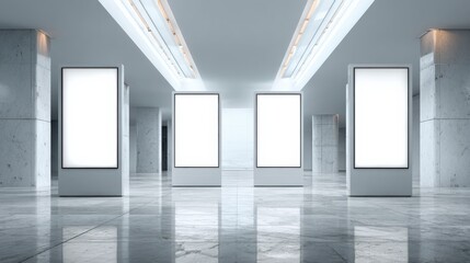 Naklejka premium Mockup of four vertical advertising screens in a minimalist space for brand promotion, marketing, and announcements