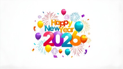 Fototapeta premium Huge 3D number 2026 New Year banner with colorful balloons, floating confetti, and vibrant firework light bursts on a clear white backdrop