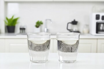 Two clear glasses of sparkling water with lemon slices on a kitchen countertop, showcasing refreshing beverages in a modern home setting
