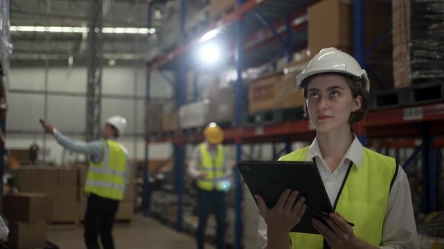 Blue collar workers are working at warehouse. Industrial and factory.