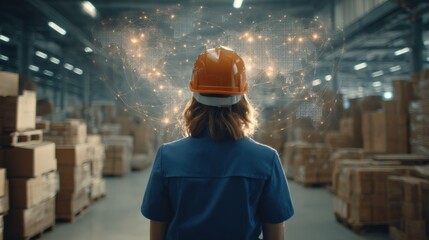 Woman in Warehouse with Digital Overlay Visualizing Efficiency and Innovation in Supply Chain Management
