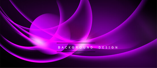 Abstract purple waves form dynamic background. Smooth curves create elegant, modern visual effect. Dark space emphasizes bright lines.