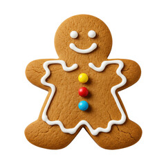 extreme macro shot of a single, detailed gingerbread woman cookie with white royal icing and vibrant candy buttons, isolated on a transparent background, concept of festive holiday baking treats