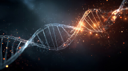 Blue DNA double helix with water molecule blue background. Human genetic research DNA, laboratory environment. Abstract image of human genetics, which glowing DNA strands merge with digital elements