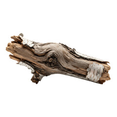 weathered, gnarled birch branch fragment with peeling white bark and dark exposed wood grain, isolated on a stark white background, meticulous macro focus. concept of organic texture and simplicity