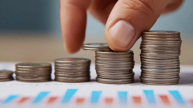 Household cashflow coin stack stacked coin tower and piles on financial chart showing savings growth, budget planning and steady finance growth