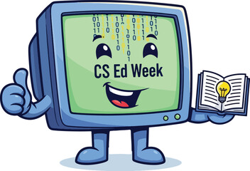 Enthusiastic cartoon computer monitor character holding a book and giving a thumbs up for computer science education week, Generative Ai