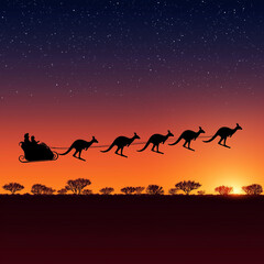 six kangaroos pulling Santa's sleigh across a starlit Australian summer evening sky