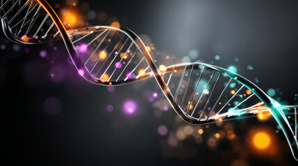 Blue DNA double helix with water molecule blue background. Human genetic research DNA, laboratory environment. Abstract image of human genetics, which glowing DNA strands merge with digital elements