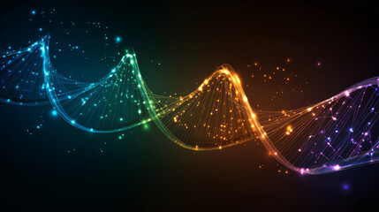 Blue DNA double helix with water molecule blue background. Human genetic research DNA, laboratory environment. Abstract image of human genetics, which glowing DNA strands merge with digital elements