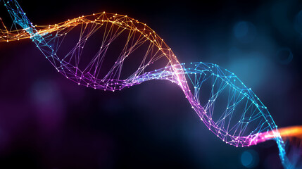 Blue DNA double helix with water molecule blue background. Human genetic research DNA, laboratory environment. Abstract image of human genetics, which glowing DNA strands merge with digital elements